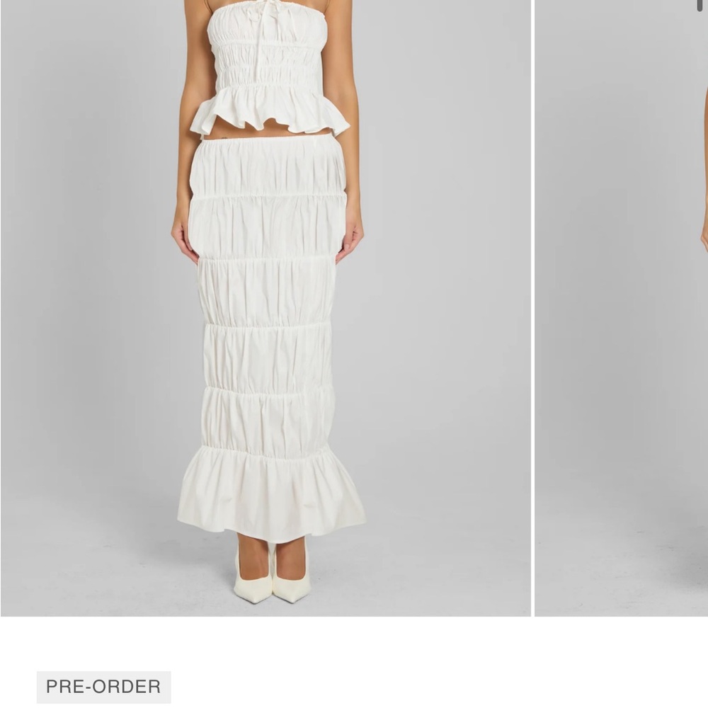 White Ruched Trumpet Maxi Skirt